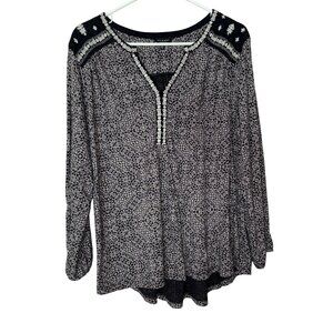 Lucky Brand Black & White Embroidered Long Sleeve Blouse Size 2X